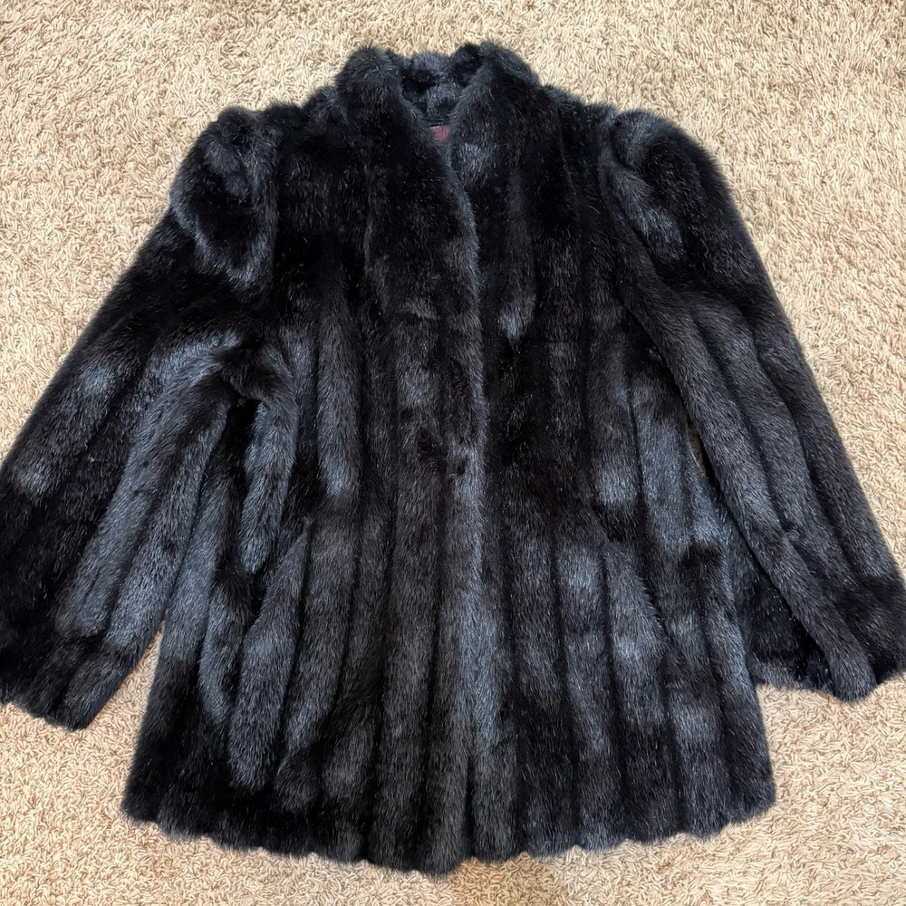 Mink Faux Fur Coat Jacket Women's XL Chic Elegant Warm Black Beautiful Piece VTG